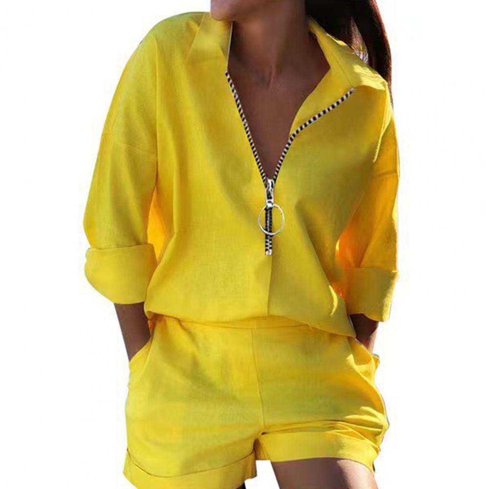 Летний женский костюм из двух частей, рубашка с длинными рукавами и шорты, подходящие женские комплекты, комплект на молнии, женская одежда