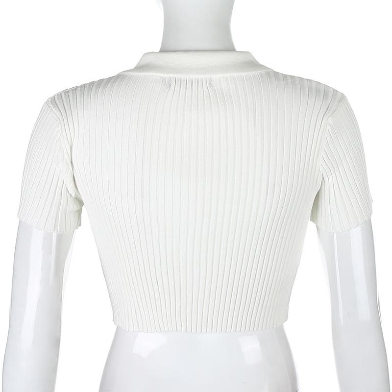 Y2K European and American Spring/Summer New Sexy Knitted Ribbed Polo Neck with Naked Navel Solid Short Sleeved Top for Women