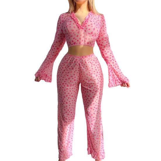 Женский пижамный комплект на День святого Валентина, сексуальный, с принтом сердечек, с оборкой по низу, 2 предмета, для отдыха