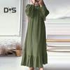 Women Robe Dress Crew Neck Long Puff Sleeves Pure Color Plus Size Patchwork Straight Pullover Casual Middle East Area Traditional Clothes Maxi Dress