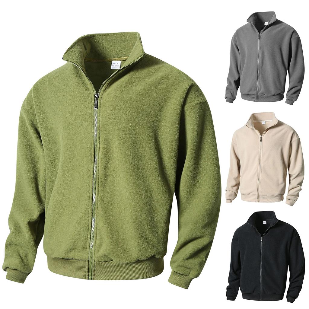 Men's Solid-color Casual Fleece Fleece Hoodie, Men's Sports Long-sleeved Zipper Cardigan Stand-up Collar Jacket