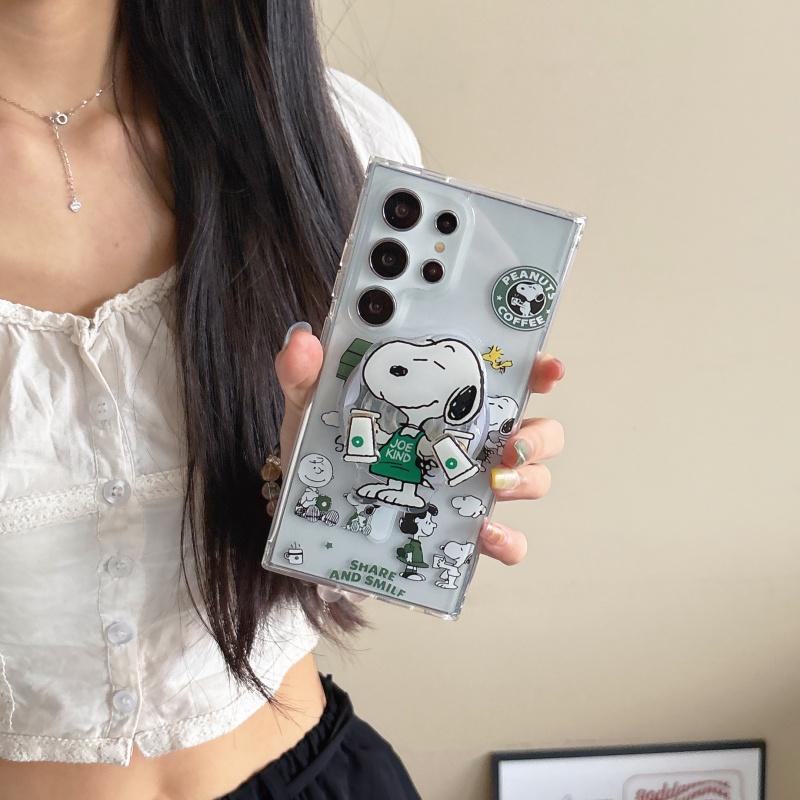 Милый Мультяшный кофе Snoopy Чехол-книжка с поддержкой Magsafe Беспроводной Зарядки для Samsung S22 S23 S22 S24 S25 Ultra Snoopy Магнитный Держатель