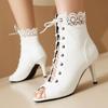 Женские ботильоны 2025 Летняя обувь Черные Белые Модные Высокий каблук Открытый носок Короткие ботинки для джазового танца Женские На шнуровке