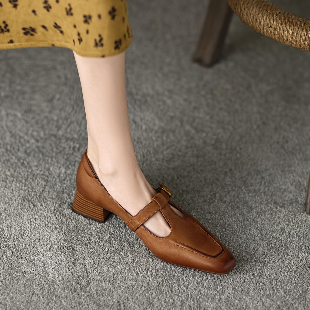 Krazing Pot Sheep Suede Square Toe Chunky Med Heels Summer Shoes Buckle Straps Women Pumps