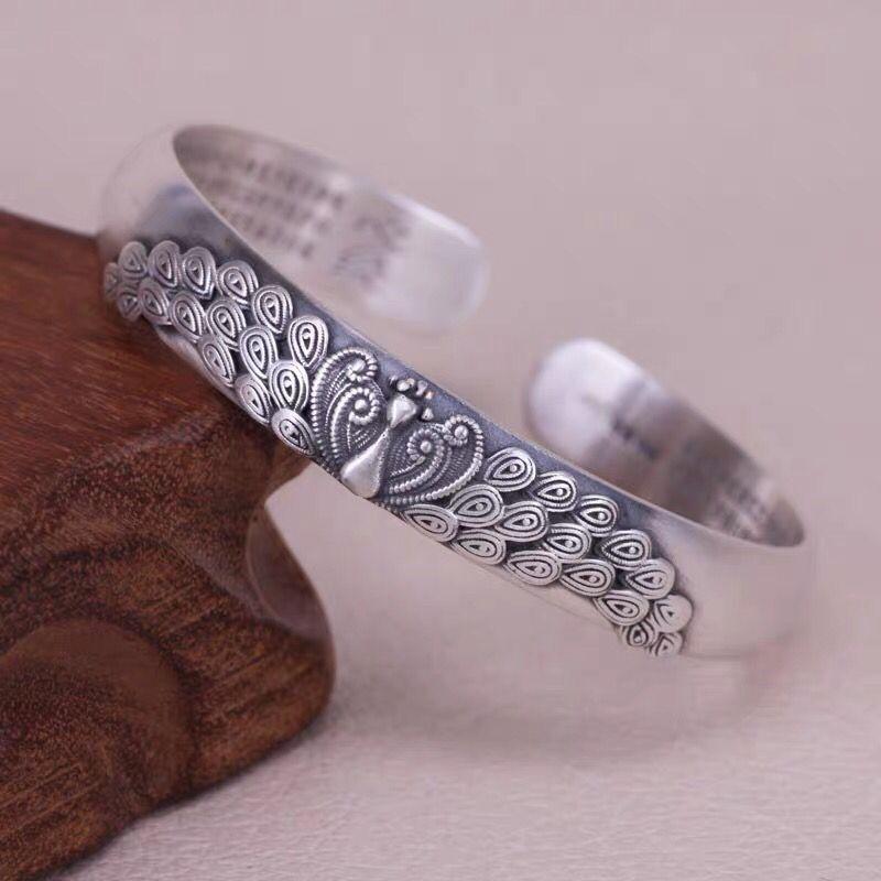 Vintage Brushed Embossed Peacock Open Bracelet Women Jewelry Classic Buddhist Heart Sutra Blessing Bangle For Lady Gift