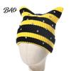 Knitted Winter Hat for Women Cat Ear Girls, Striped Slouchy Crochet Headgear Trendy Festival Fashion with Shiny Rhinestones, Cute Warm Cap Contrast