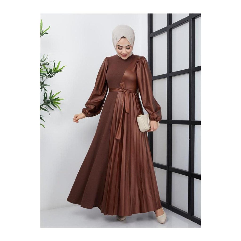 Женское базовое скромное стильное сезонное зимнее кожаное платье-хиджаб Brmck с украшением