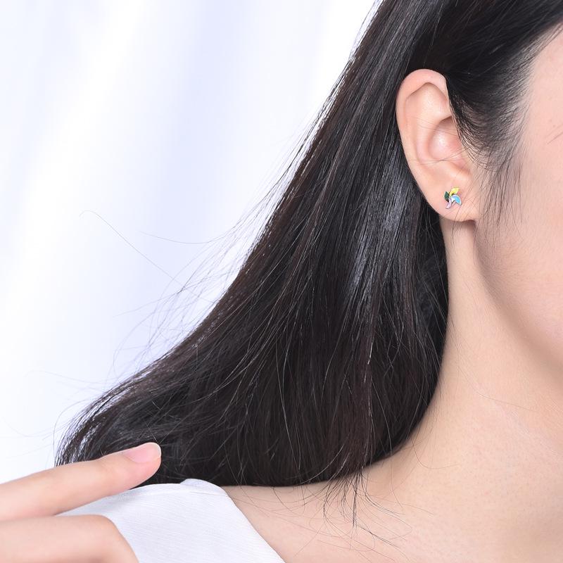 S925 Silver Glaze Colorful Windmill Stud Earrings - Star Style, Simple & Cute