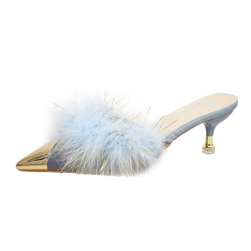 2024 Новые туфли Baotou на высоком каблуке с острым носком, женские туфли Muller на толстом каблуке, модные туфли-лодочки с перьями в стиле феи