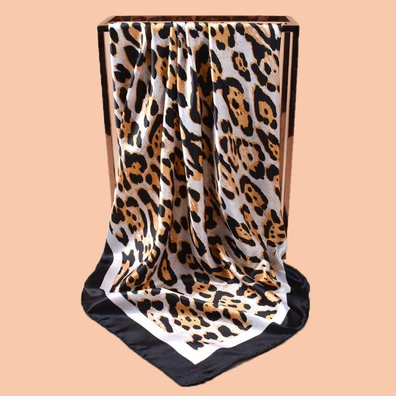 Leopard Square Silk Scarf Women Luxury Design Satin Print Hijab Scarves Pareo Bandana Ladies Shawl Wrap Headband Foulard 90*90cm