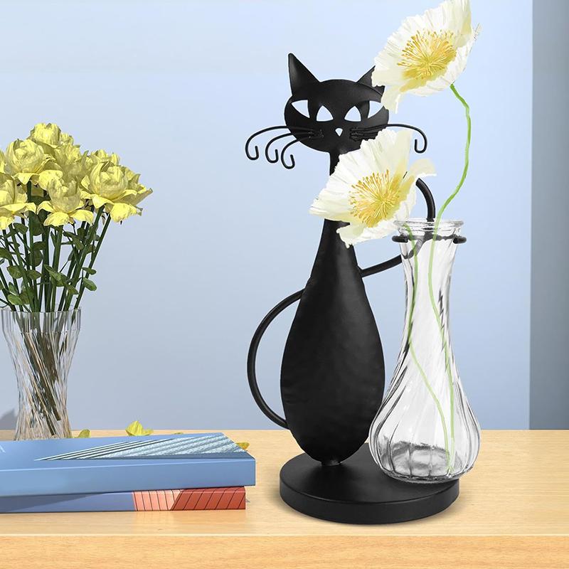 Ручная работа Мультяшный кот Уникальная цветочная композиция Домашний декор Цветочное искусство Креативная стеклянная ваза DIY Железное искусство Экологичный черный