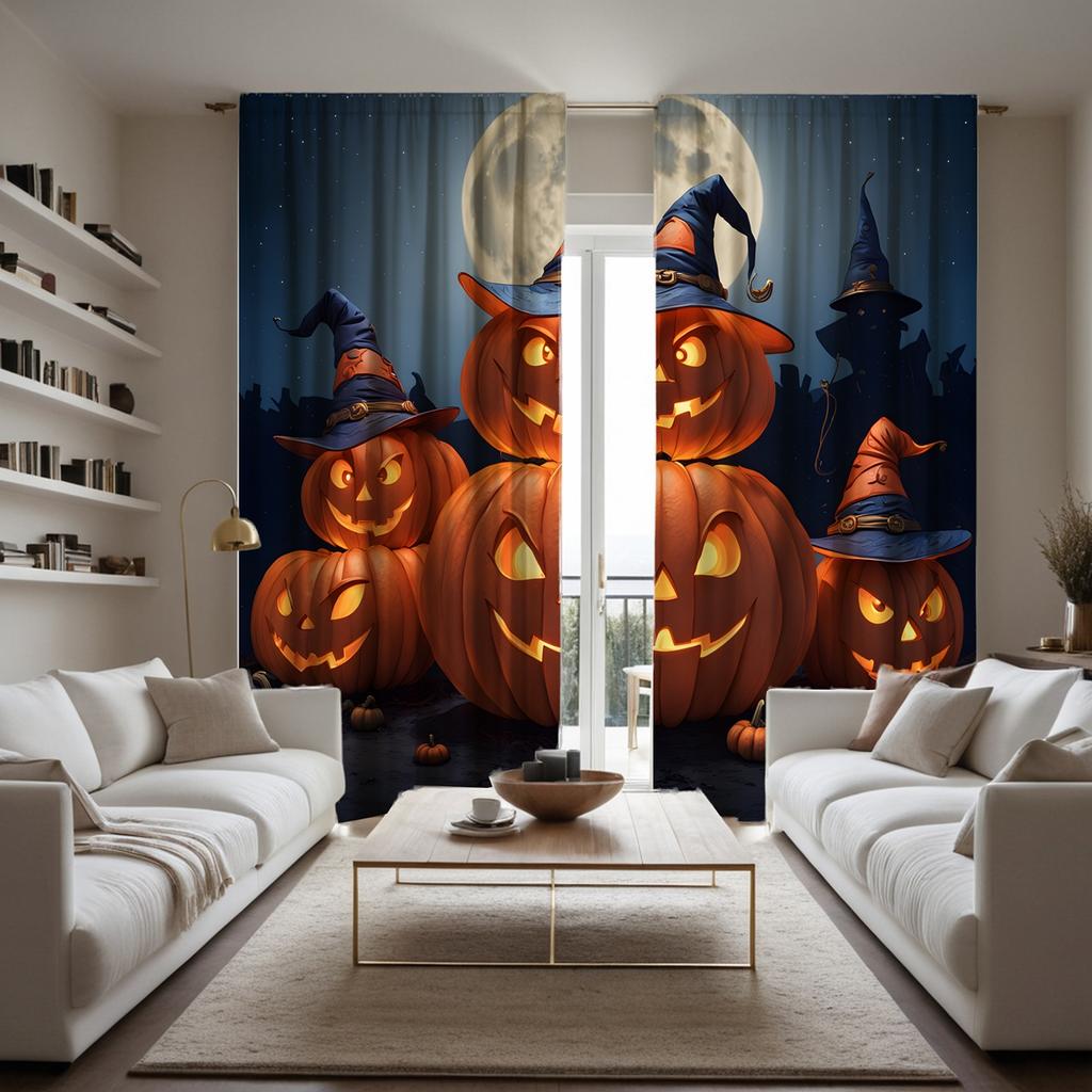 2pcs HD Moonlit Jack-o '-lantern Ghost Curtain Black Tie Digital Printed Curtain Home Decoration Style Decoration Living Room