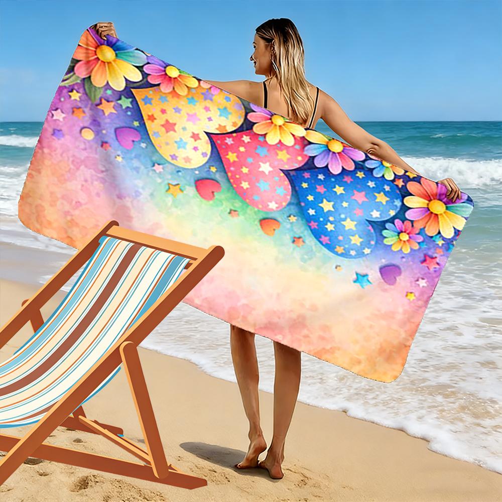Colorful Hearts and Flowers Design Beach towel quick-drying for travel outdoor sports jogging beach and swimming