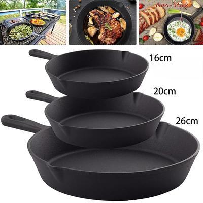 Чугунная сковорода, предварительно обработанная, набор сковородок из железа, прочная, с носиком для гриля, обжаривания, жарки, выпечки, черного цвета