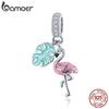 BAMOER 925 Sterling Silver Pendant Summer Pink Enamel Flamingo Pendant Charms for Snake Bracelet
