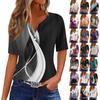 T Shirts For Women Pleated V Neck Dressy Casual Blouses Printing Short Sleeve Summer Tops Loose Fit