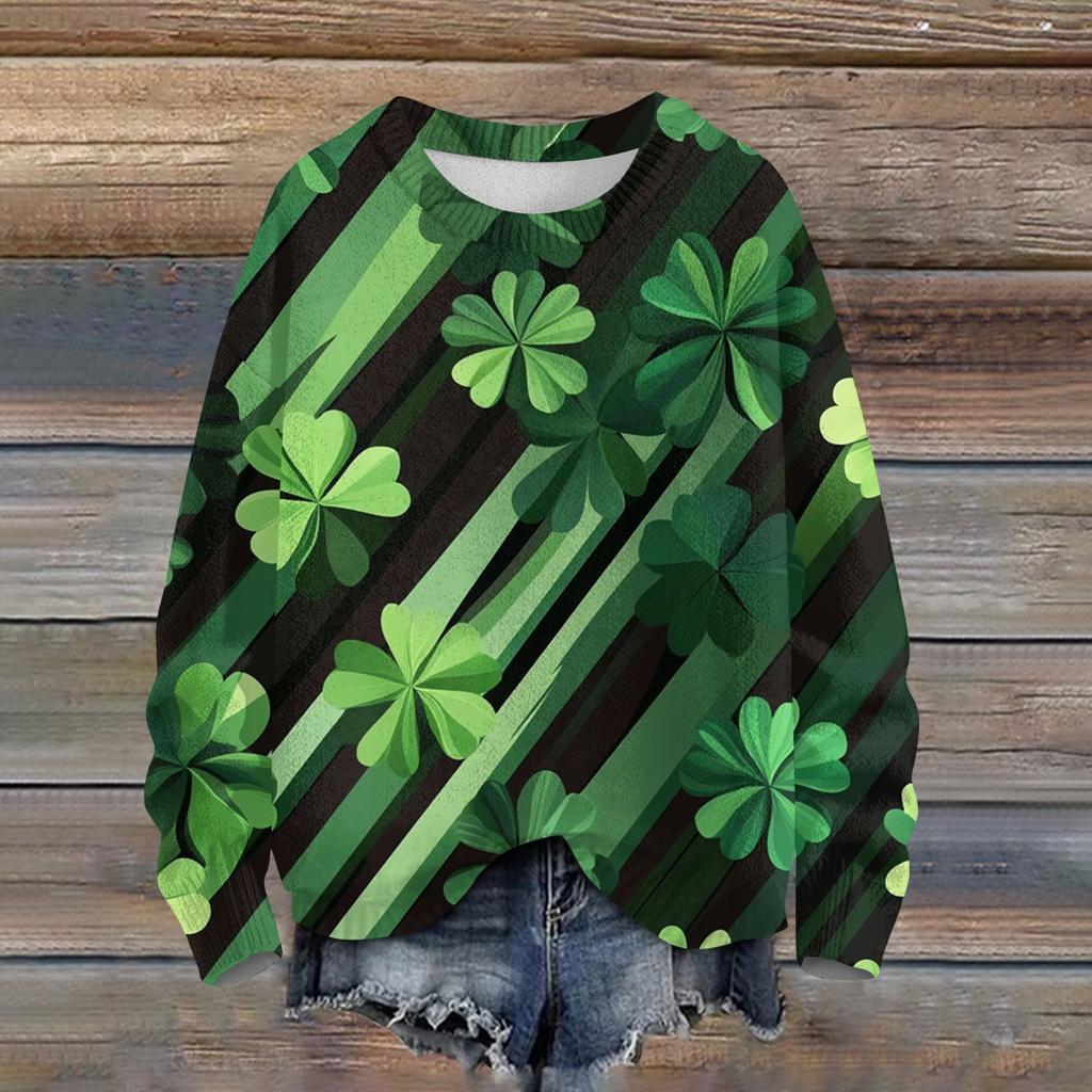 Женская мода вскользь с длинным рукавом St. Вязаный топ с круглым вырезом и принтом ко Дню Святого Патрика
