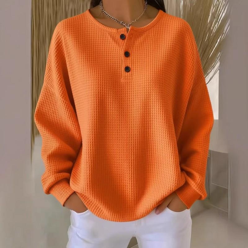 Waffle Knit Crewneck Sweatshirt Women Loose Fit Solid Color Long Sleeve Fall Winter Casual Top