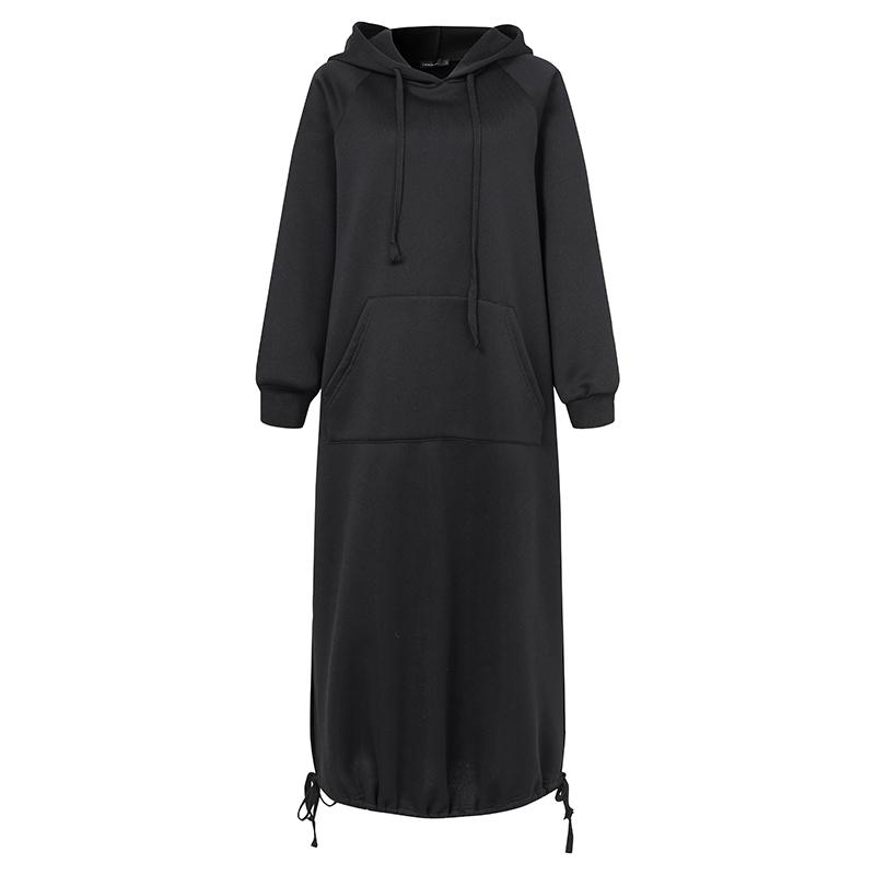 Hoodies Dress for Women Fashion Hooded Long Dress Winter Warm Casual Loose Sweatshirt Dress Hem Lace-up Midi Robe