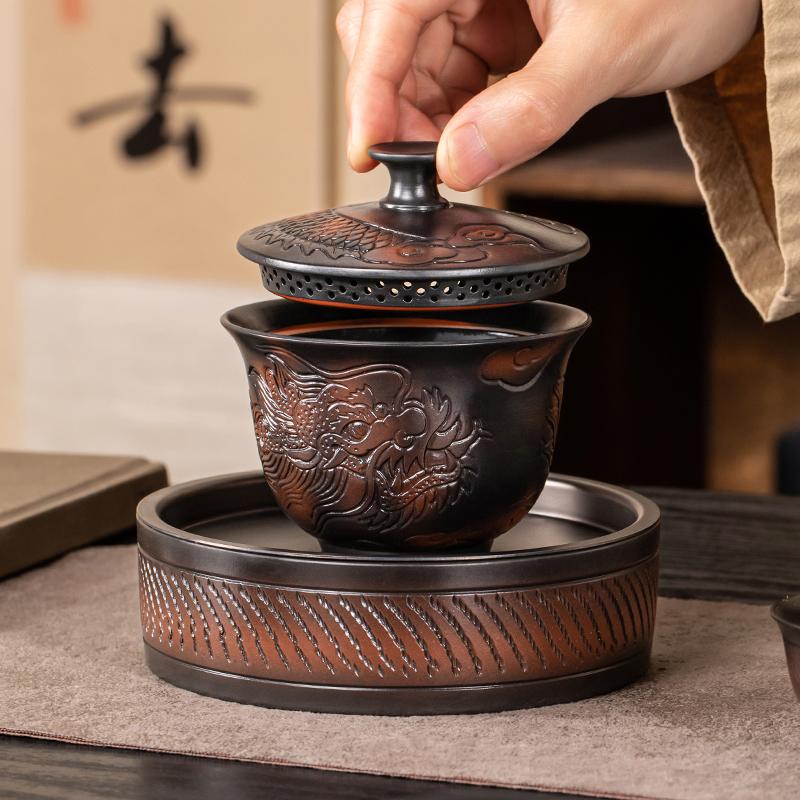 Jianshui Purple Pottery Gaiwan Dragon Handmade Household Kung Fu Tea Set Tea Bowl Tea Cup Tea Maker Tea Ceremony Tea Tureen