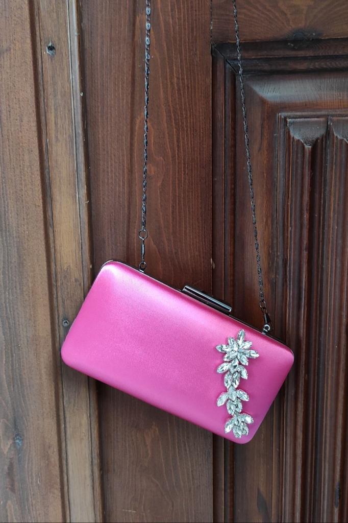 Women's Stylish and Useful Evening Dress Bag Light Fuchsia Satin Stone Evening Dress Portfolio Box Bag