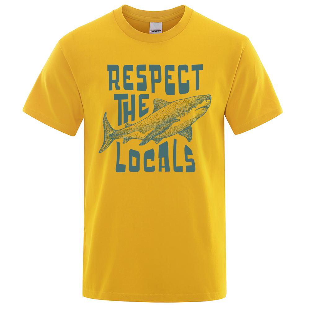 Respect The Locals Shark Personality Print Мужские футболки Хлопок Oversize Рубашка с коротким рукавом Свободные футболки Топы