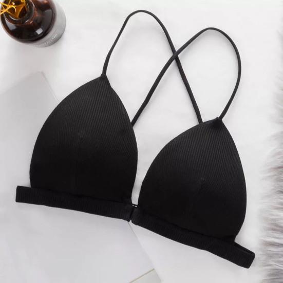 Women Solid Color Bra Triangle Cup Thin Straps Wrapping Chest Front Buckle Wireless Ribbed
