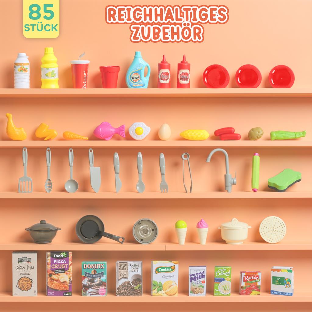 Play Kitchen with Flowing Water, 85-Piece Accessories, Electric Faucet, Lights, Sounds, for Children 3-6 Years, Plastic, Green