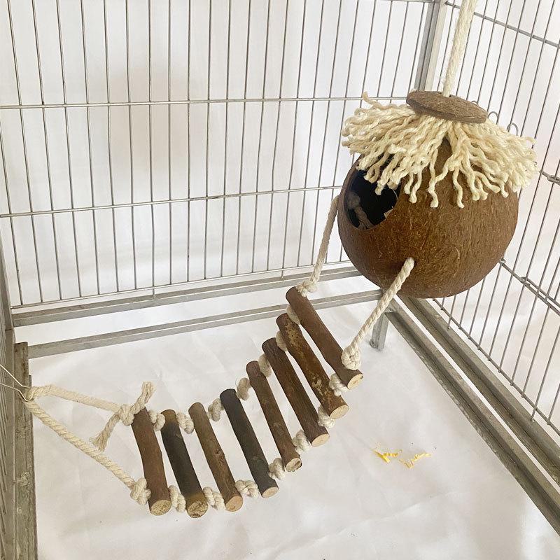 Natural Coconut Shell Parrot Nest & Swing Toy - Warm Tiger Skin Design