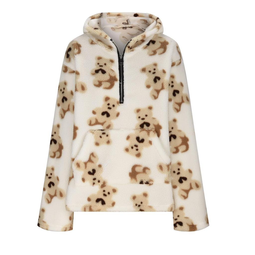 Женское пальто с молнией до середины, с принтом, двухслойный флисовый пуловер с капюшоном, повседневный свободный свитер с длинными рукавами и карманами