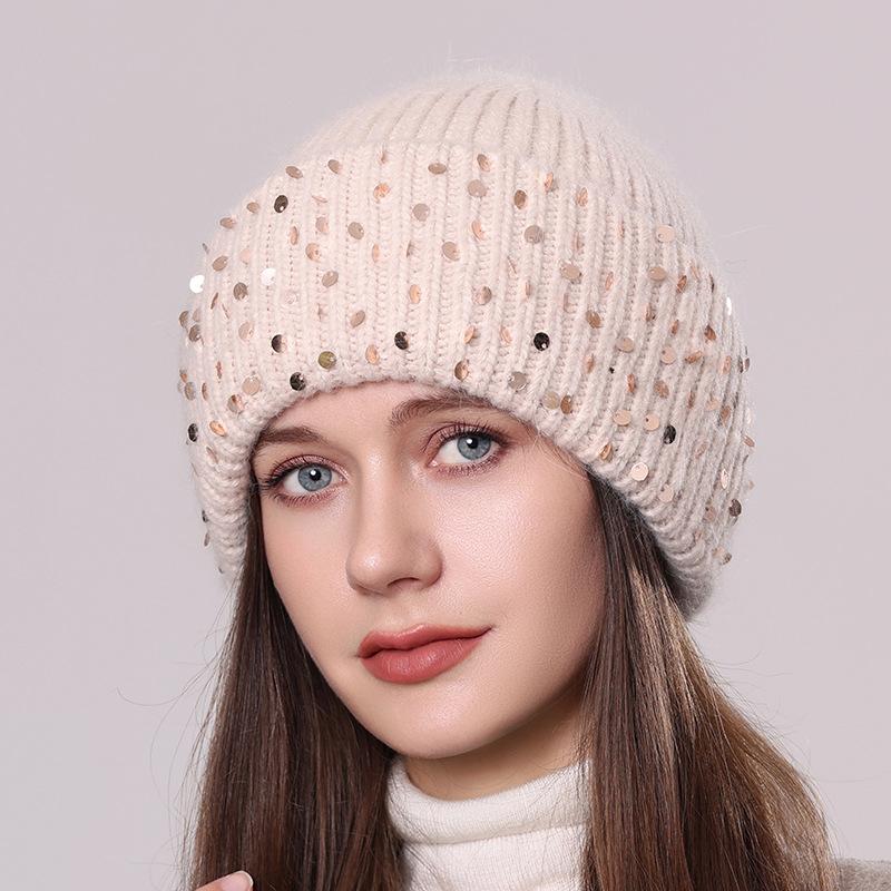 Вязаная шапка из кроличьего меха с пайетками, зимняя теплая шерстяная шапка, модная женская шапка-пуловер для защиты ушей