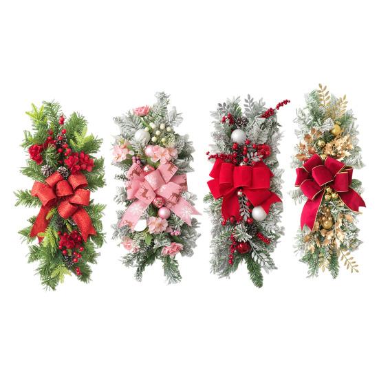 Christmas Stair Garland with Faux Snow Pine Cones Ribbon Realistic PVC Christmas Wreath for Indoor Decor Staircase Door Mantel Decoration