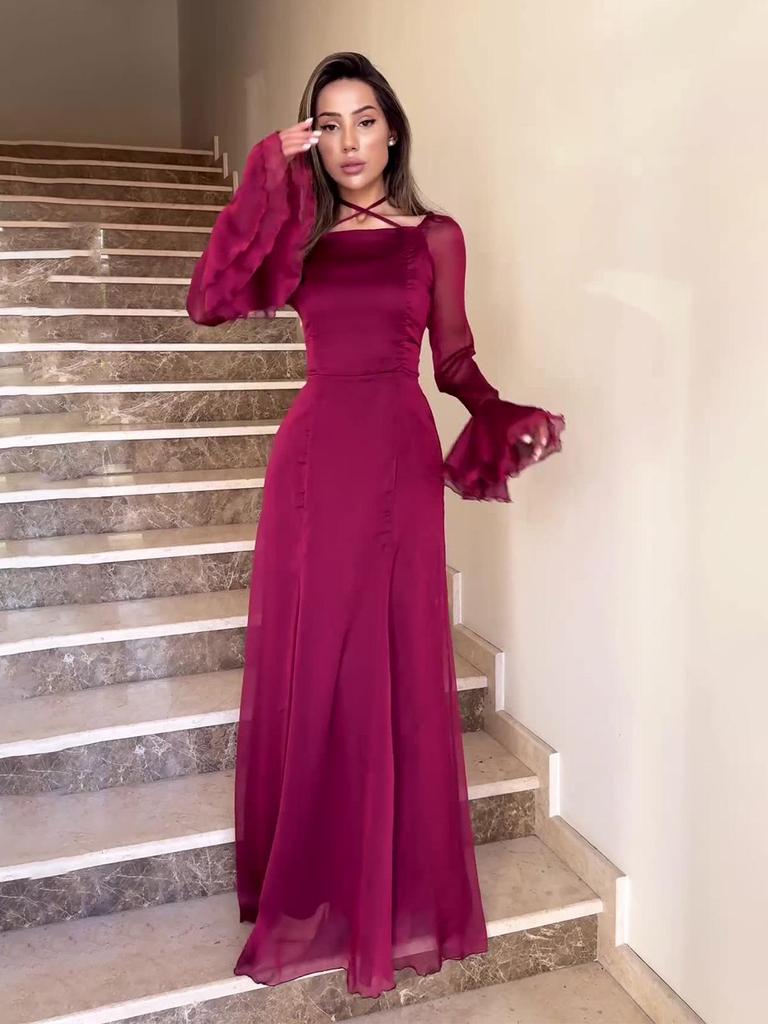 Нежное осеннее платье-рубашка с рюшами, приталенное, из струящейся ткани (Европейская и американская коллекция 2024)