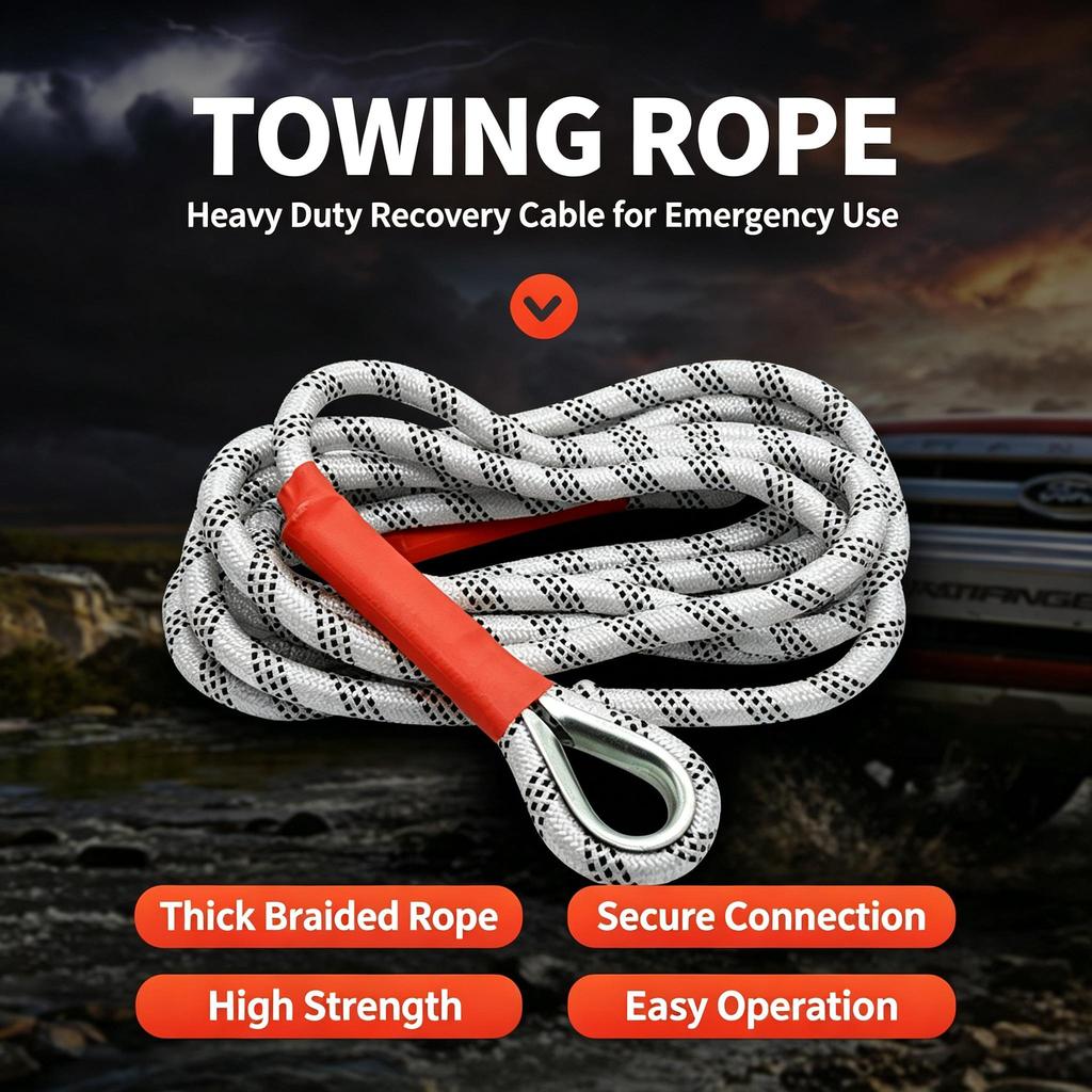 Heavy Duty Car Tow Rope, Nylon Recovery Strap with Reinforced Loop & Metal Thimble, Emergency Vehicle Towing Cable for Offroad Rescue