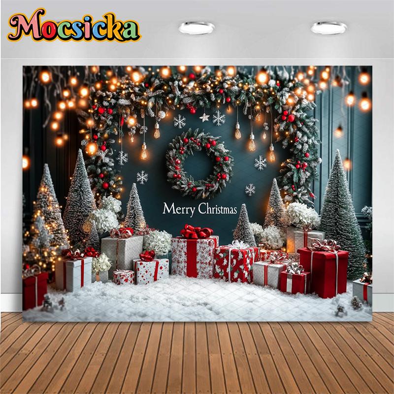 Mocsicka Merry Christmas Background Photography Shooting Props Xmas Tree Snow Gifts Decors Children Adult Family Party Backdrops