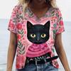 Summer Cartoon Cat Women's T Shirts Vintage Short Sleeve Tops Girls V-Neck Tees Female Clothing Oversized Pullover