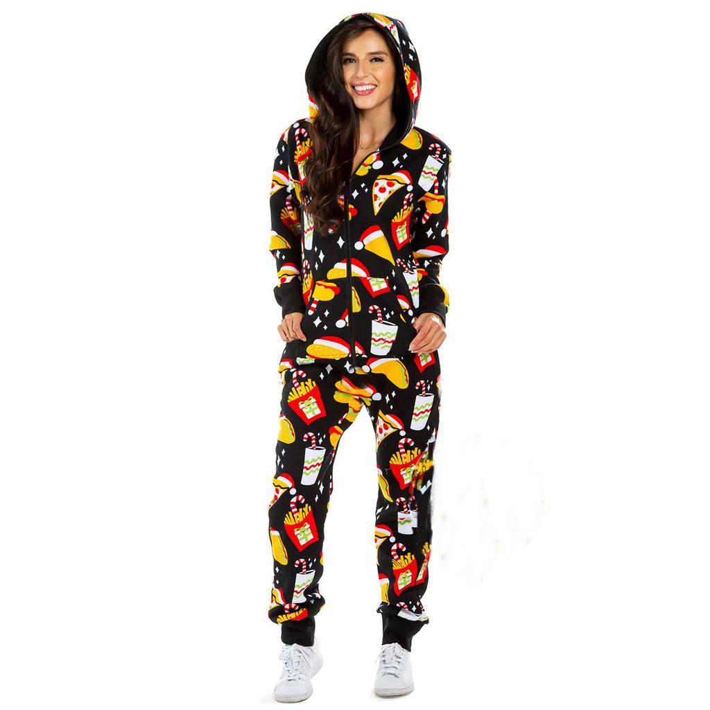 Women Christmas Pajamas One-Piece Pajamas Printed Hooded Homewear One-piece Pants