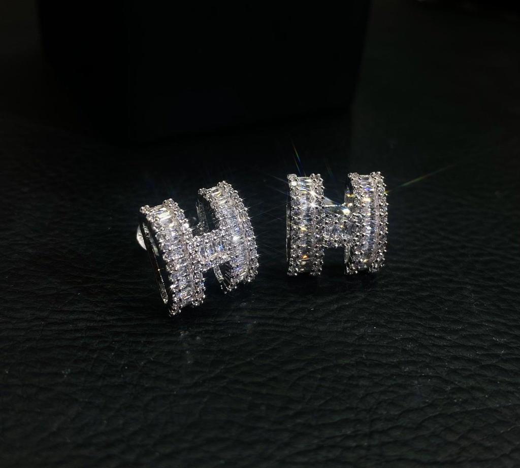 Новый сверкающий набор ожерелья и серег с буквой H из бриллиантов - Минималистичный корейский дизайн, цепочка для ключицы из белого золота