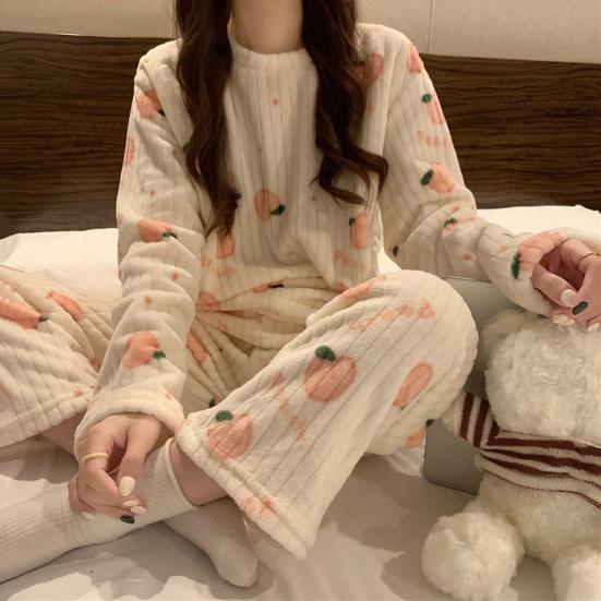 2 Pcs/Set Women Winter Pajamas Set Round Neck Cartoon Bear And Peach Pattern Long