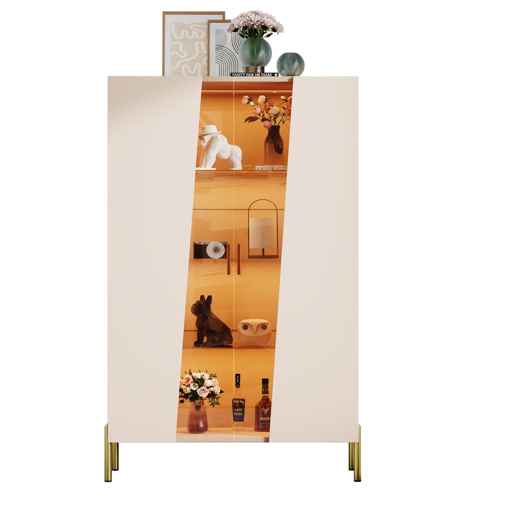 LED-Illuminated Glass Cabinet 72 x 40 x 145 cm, with Asymmetrical Tempered Glass Door, 3 Glass Shelves, Metal Handle and Feet, as Display Cabinet