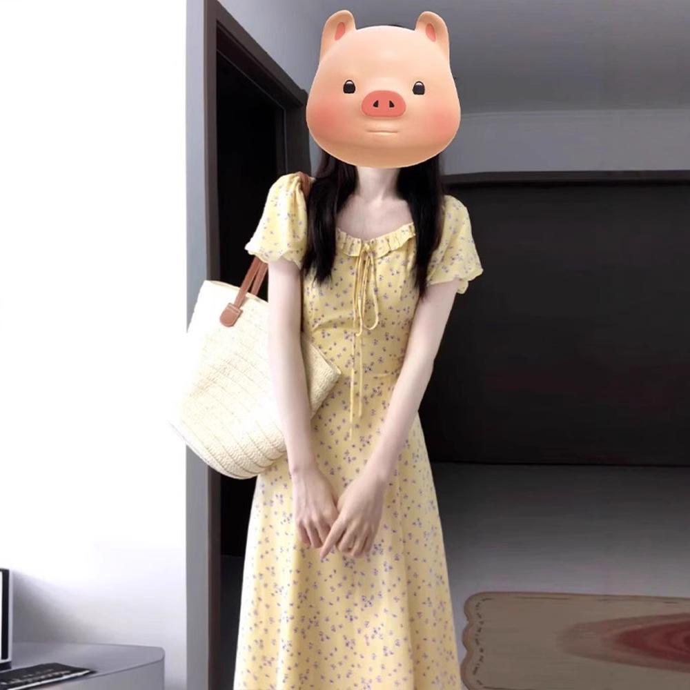 Coffee break French yellow floral dress children's summer new unique beautiful pure waist pinch dress