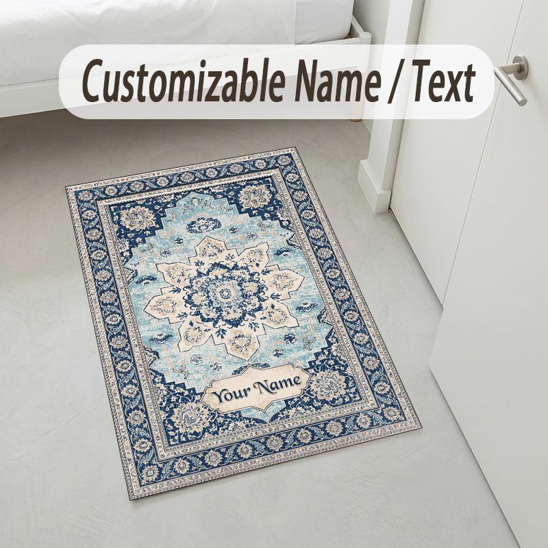 Egyptian Flower Theme Soft Crystal Velvet Rug Custom Name & Text Print Non Slip Floor Rug for Bedroom Living Room