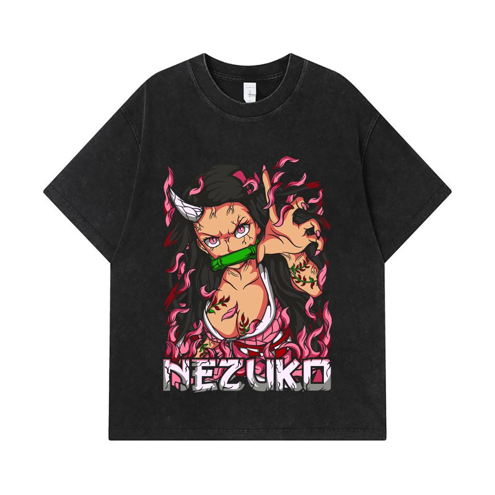 275 GSM Washed T-shirts 100% Cotton Demon Slayer V73 Nezuko Print Unisex Heavy Cotton T Shirt