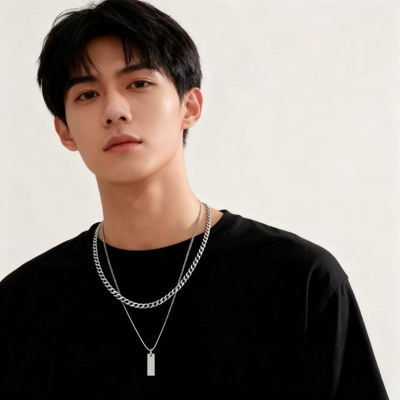 Комплект мужских многослойных ожерелий из 2 предметов - Минималистичная подвеска-прямоугольник и цепочка-колье, Идеальный подарок на Рождество/Новый год