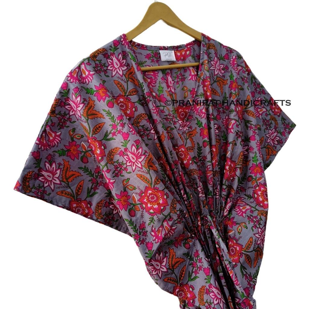 Индийское серое длинное платье-кафтан из хлопка с цветочным принтом в стиле хиппи, женское ночное платье CKFTN-SCRN-FULL-BUYIT-044