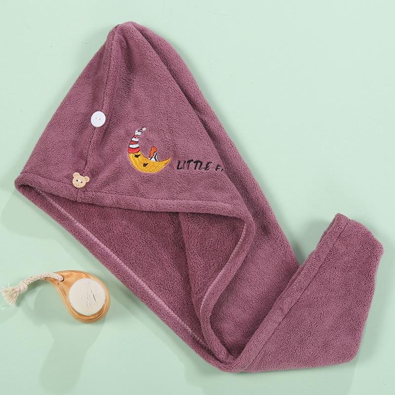 Cartoon Embroidery Coral Fleece Absorbent Dry Hair Cap for Women