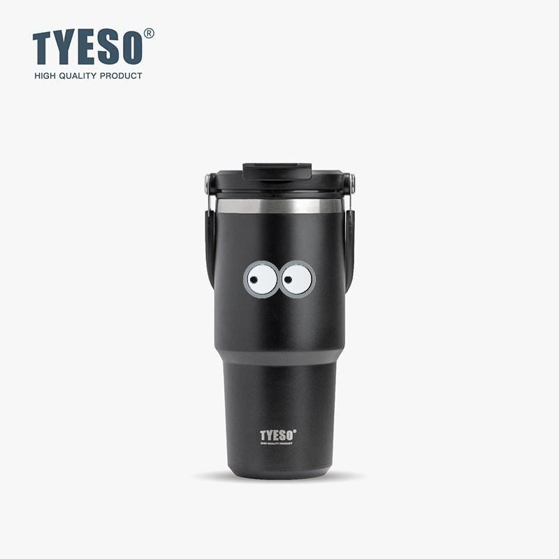 Tyeso 750ml Vacuum Cup Handle Dual-Drink Coffee Mug 304 Stainless Steel Ice Cup Car Bottle Hot Cold Retention Thermoses with Eye Sticker