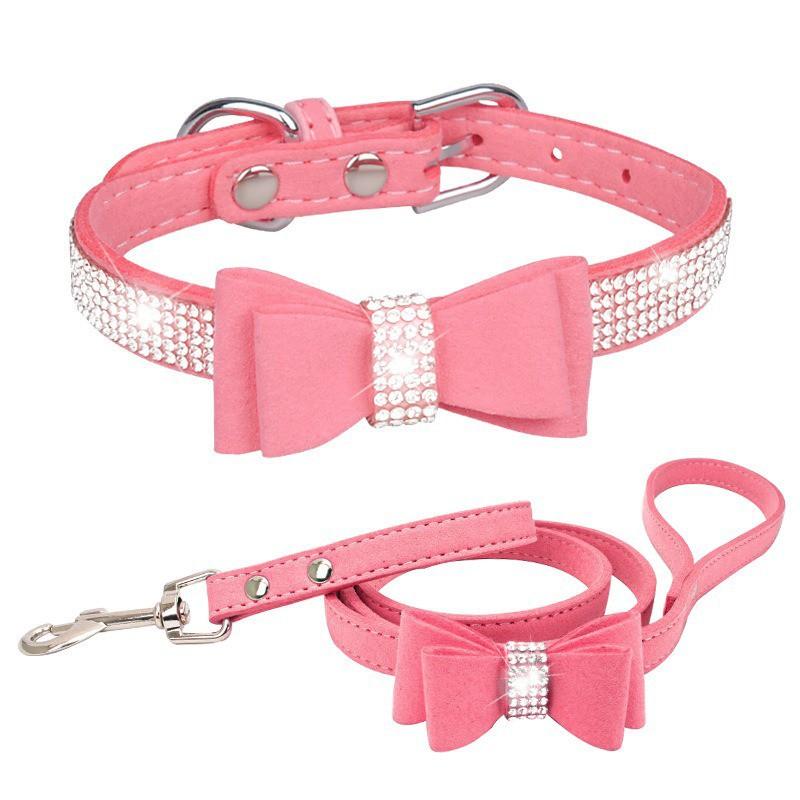 Bling Rhinestone Bow Dog Collar Leash Set Faux Leather Metal Buckle Small Medium Dogs