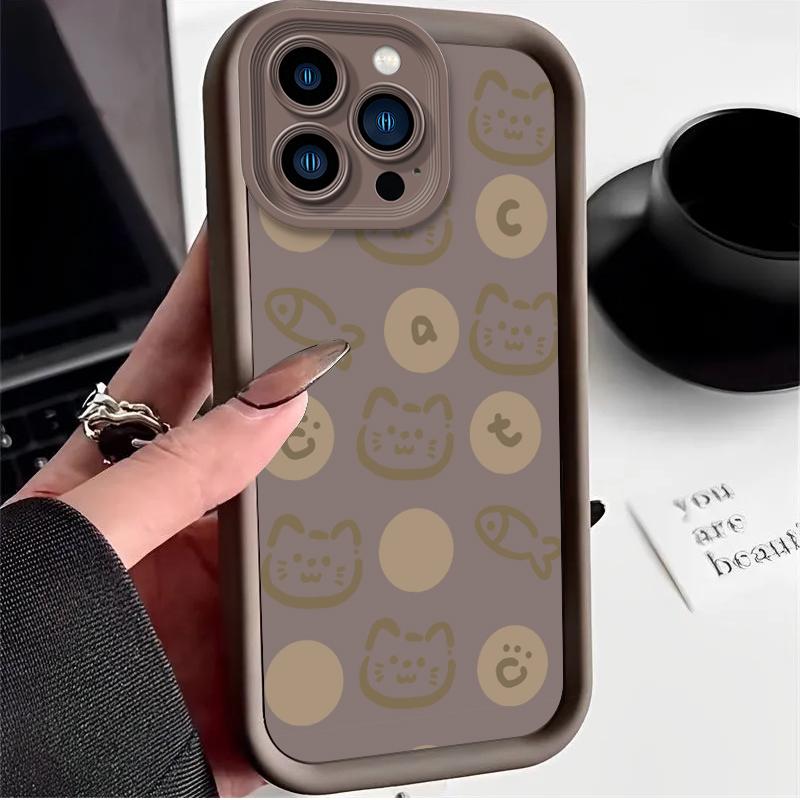 Корейский Инста-стиль Милый Кот Рыба Однотонный Чехол для Телефона для iPhone 17 Air 16 E 15 14 Plus 13 12 Mini 11 Pro Max Жидкий Силиконовый Чехол