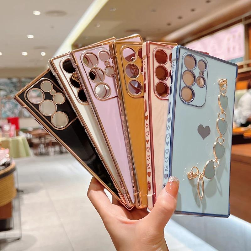 For Plating Bracelet Case Silicone Samsung Galaxy S25 S24 S22 S23 S21 Ultra Plus Fe A55 A54 A53 A52 5g Shockproof Armor Covers